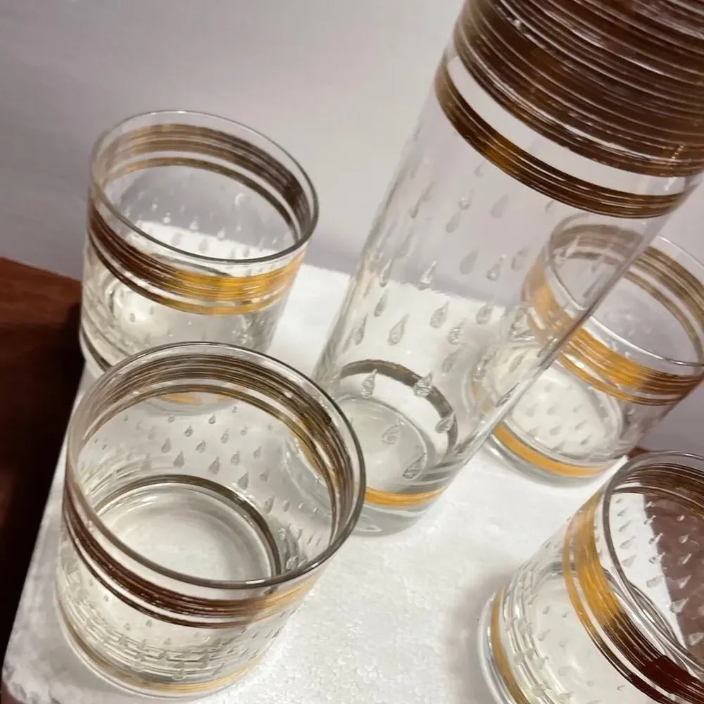Vtg Cera Glass DewDrop 22kt pitcher + lowball glasses x4 RARE FIND cocktail set